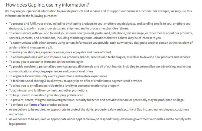 How does Gap Inc. Use My Information?